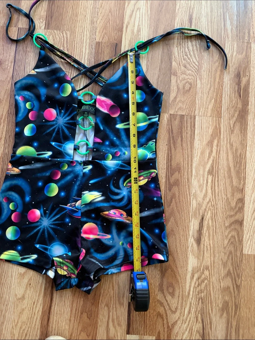 CLUB EXX ✨Dolls Kill RAVER Space-babe Black and neon Romper Shorts. NWOT - Picture 7 of 9